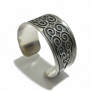 Silver Tone Scroll Wide Cuff Bracelet Vintage Boho Statement